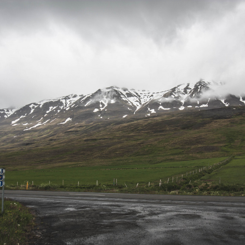 Straße, Weiden, schneebedeckte Berge in den Wolken.