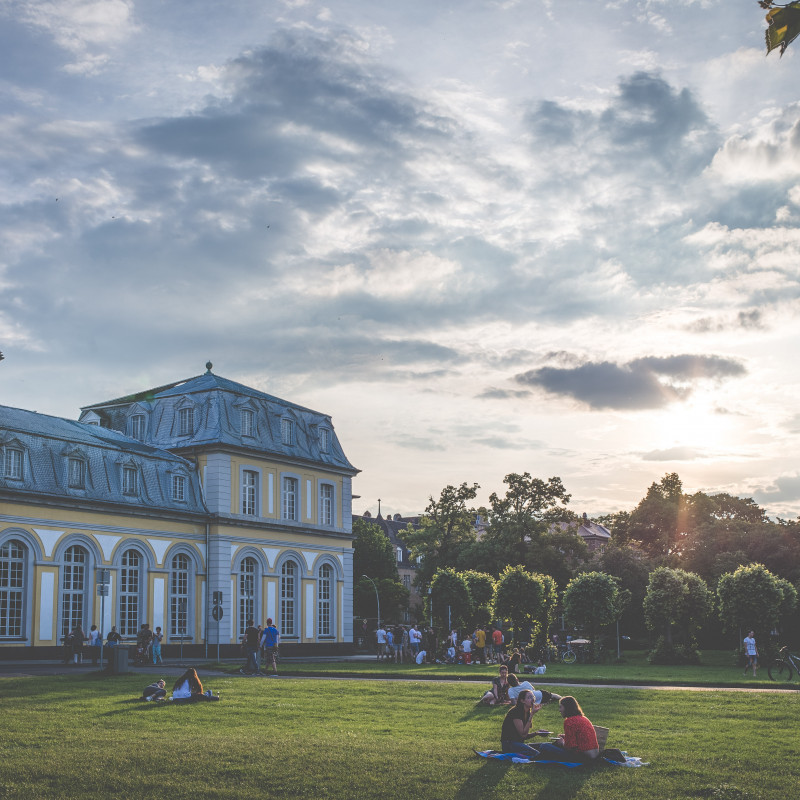 Eine Wiese mit Menschen und das Poppelsdorfer Schloß im Sonnenuntergang.