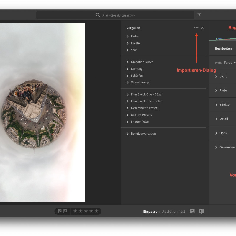 Screenshot der "Vorgaben" in Lightroom CC.