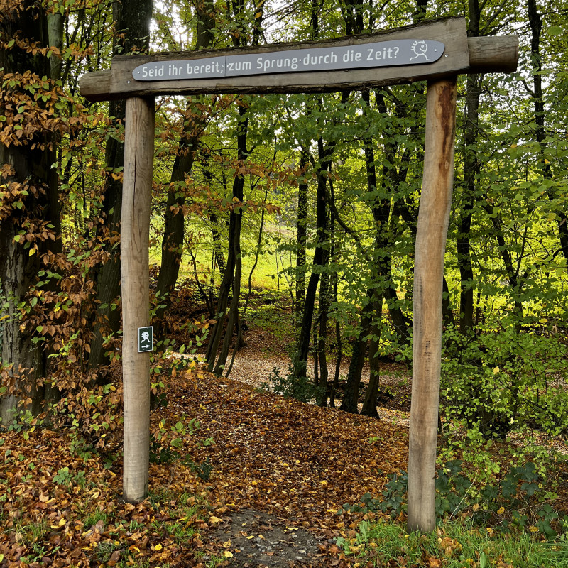 Ein hölzernes Tor als Eingang zu einem Waldweg. Es hat die Aufschrift "Seid ihr bereit; zum Sprung durch die Zeit?"