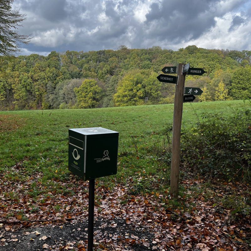 Eine Art Briefkasten im Wald, eine Station des Erlebnispfades.