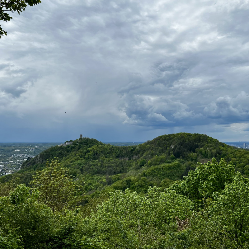 Weitwinklige Landschaftsaufnahme mit zwei grünen Berggipfeln, der linke mit einer Burg. Im Hintergrund flache Landschaft, eine Stadt und ein Fluss.