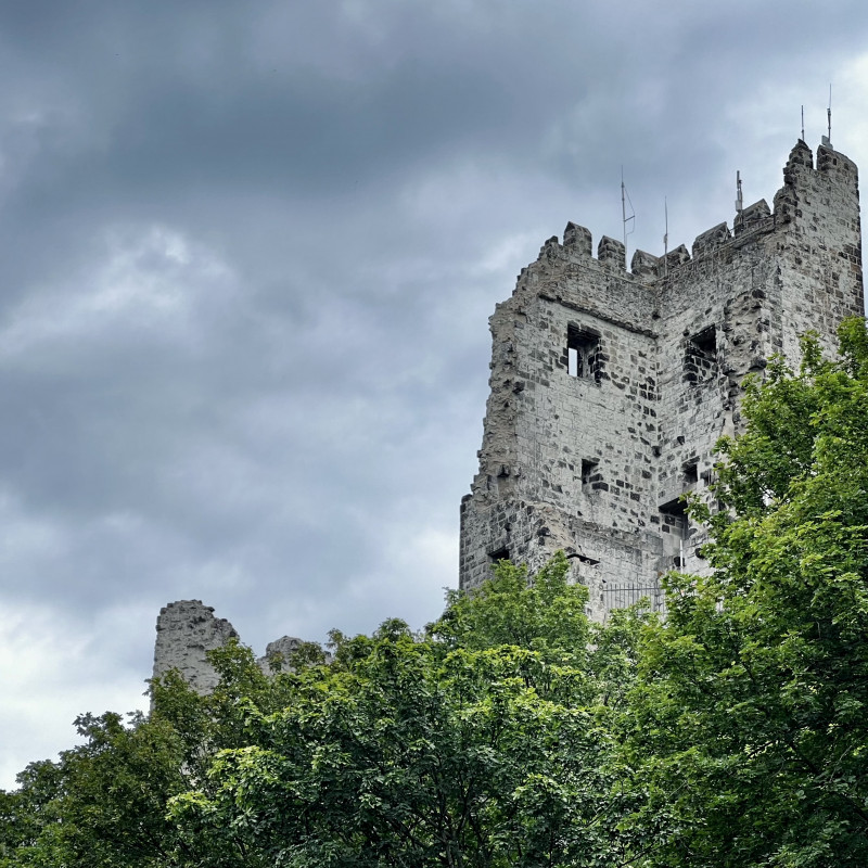 Die Ruine einer Burg steht oben auf einem bewalteten Berg vor dunklen Wolken.