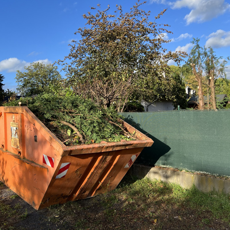 Ein großer orangener Container gefüllt mit Grüngut.