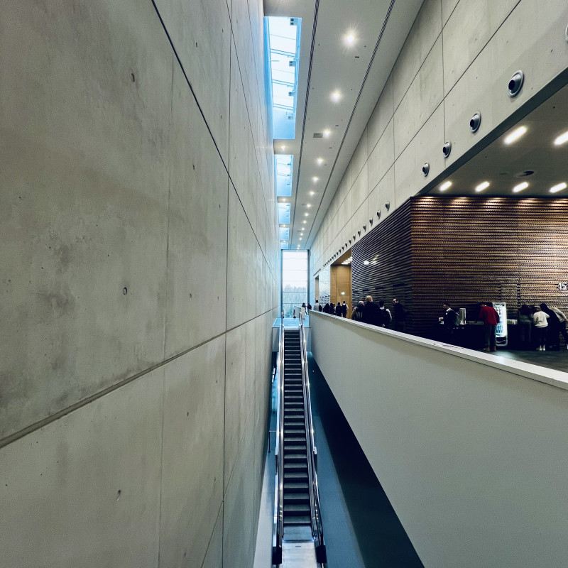 Ein langer hoher Gang im Düsseldorfer Congress Center. Die Decke besteht aus Glas, rechts eine hohe Wand aus Beton. Aus der Tiefe führt eine Rolltreppe nach oben.