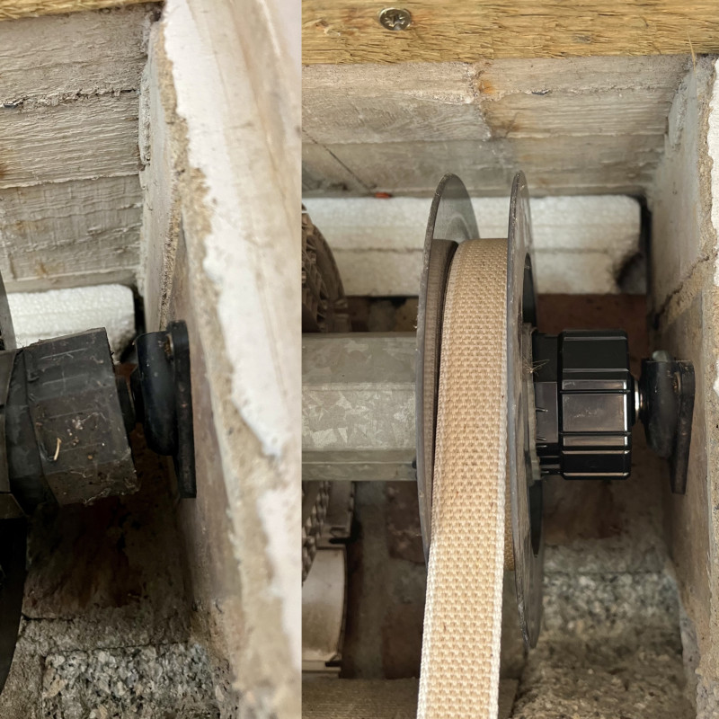 Vorher-Nachher-Bild eines geöffneten Rolladens. Im linken Bild ist eine sehr schief sitzende Rolladenwelle zu sehen, rechts ist alles sehr neu und gerade ausgerichtet.