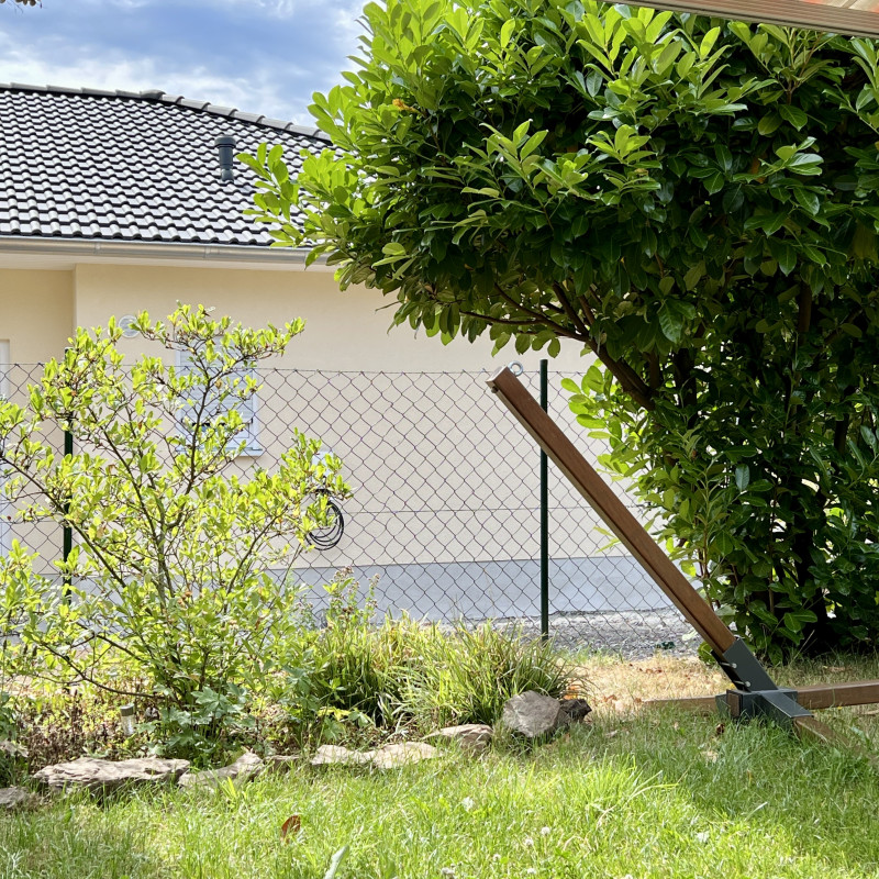 Eine Magnolie steht vor einem schön gespannten Maschendrahtzaun. Im Hintergrund ein Haus, links und rechts sind Büsche.